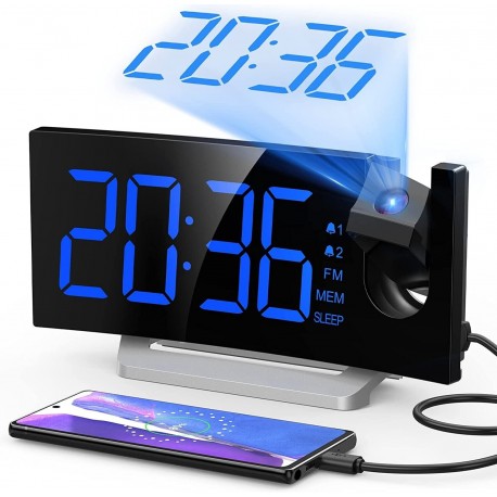DESPERTADOR DIGITAL RADIO RELOJ FM PROYECTOR 180&ordm; ALARMA DUAL CARGADOR USB
