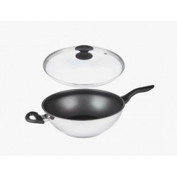 Sartén Wok de acero inoxidable 32 cm 5 L con Mango largo y asa. Tapa de cristal
