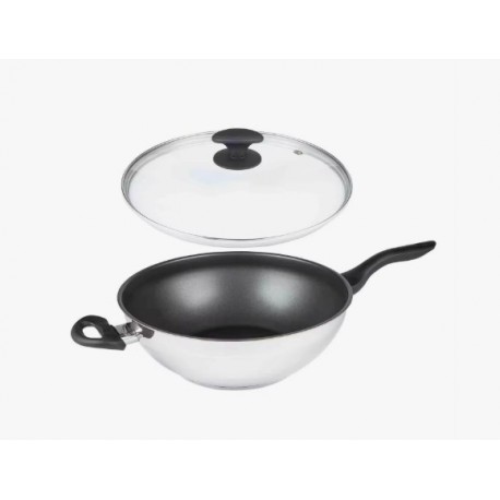 Sart&eacute;n Wok de acero inoxidable 32 cm 5 L con Mango largo y asa. Tapa de cristal